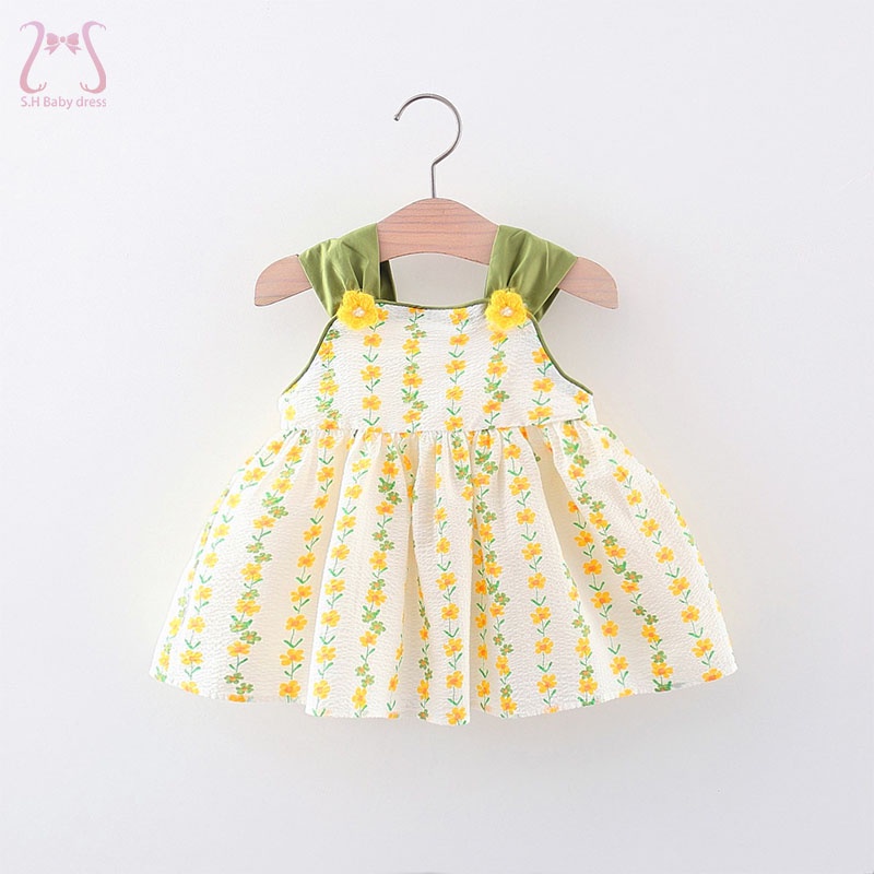 S.H Summer Floral Baby Girl Yellow Dress Children's Clothing Sleeveless Cool Cotton Toddler Loose Costume For Kids 0 To 3 Years