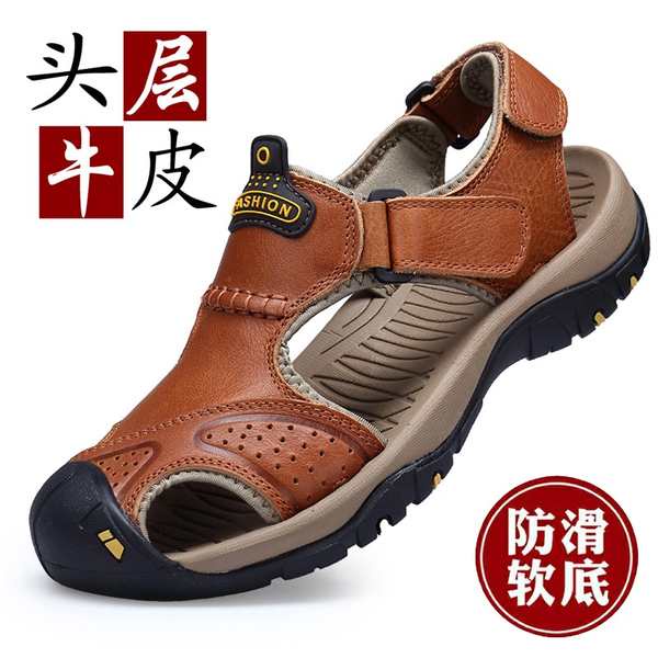 ✿ sandal lelaki ✿ sandle capal HOTSELLING ☼Broken Camel Island Sandals Men's Summer Genuine Leather Outwear Sandals Men's Breathable Outdoor Driving Shoes♒