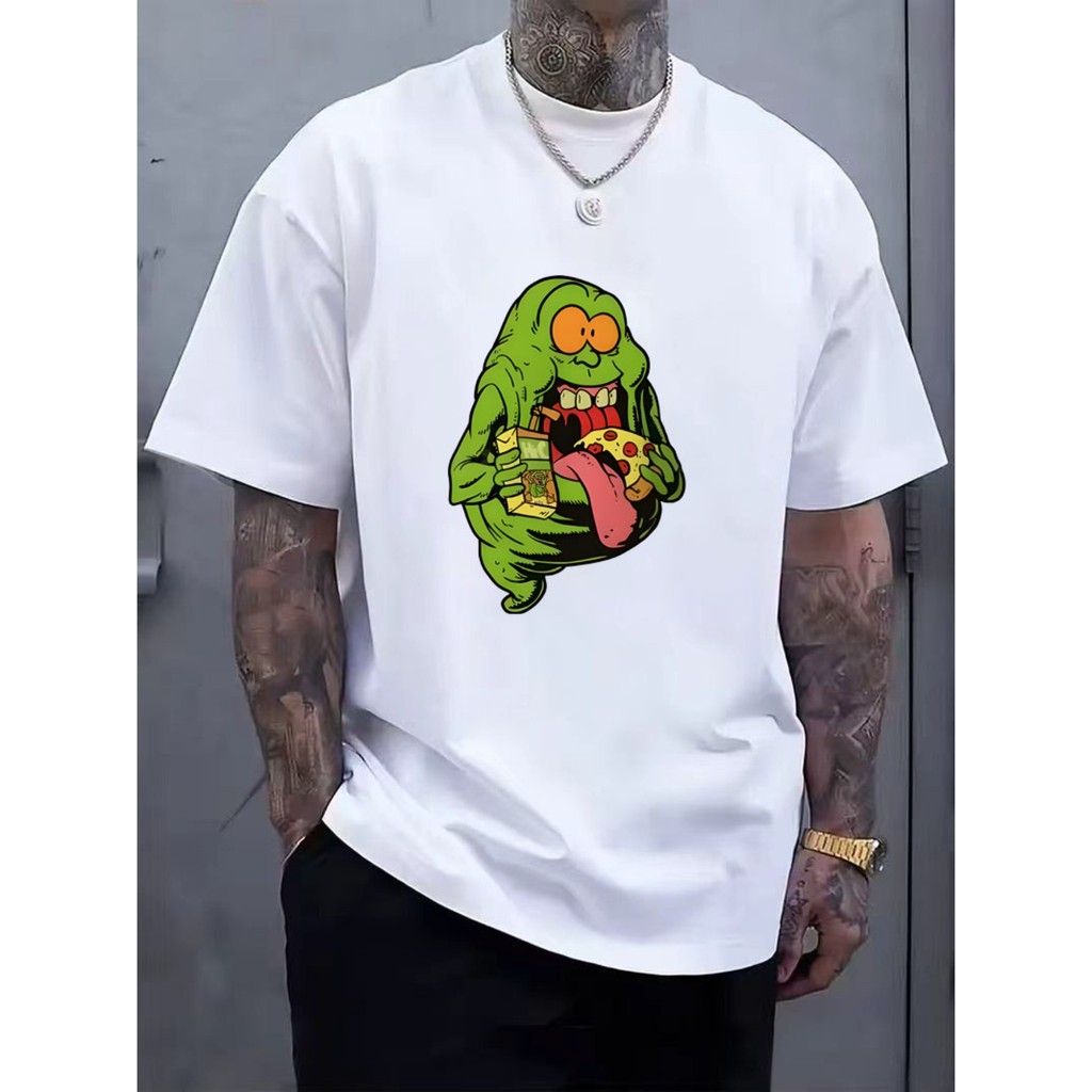 Men'S Slimer Pattern T-Shirt| Casual Crew Neck Short Sleeve Slight Stretch Fabric Vintage Comedy Movie Print with Pizza and Snacks Fun Fan Merchandise