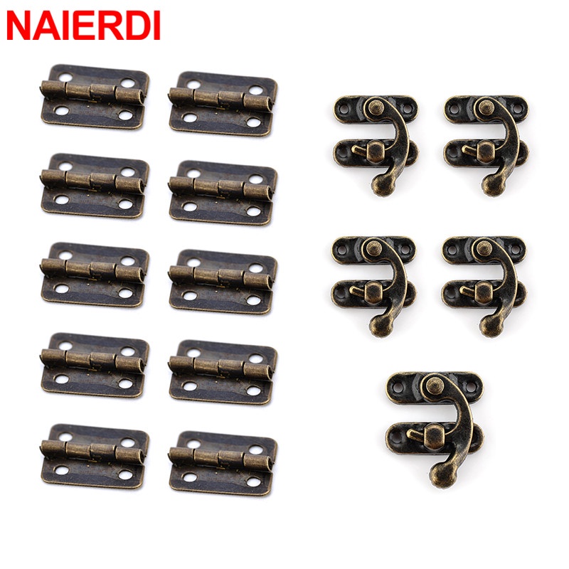 NAIERDI 10PCS Box Cabinet Hinges Mini Hinge Antique Jewelry Box Small Hasps Latch Vintage Decorative Latches Furniture Hardware