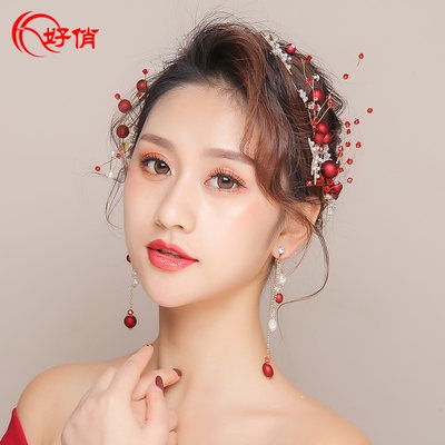 Η◉【freight free】Nice sweet toast headdress bride red cheongsam dress  wedding hair accessories set new handmade side clip | Shopee Malaysia