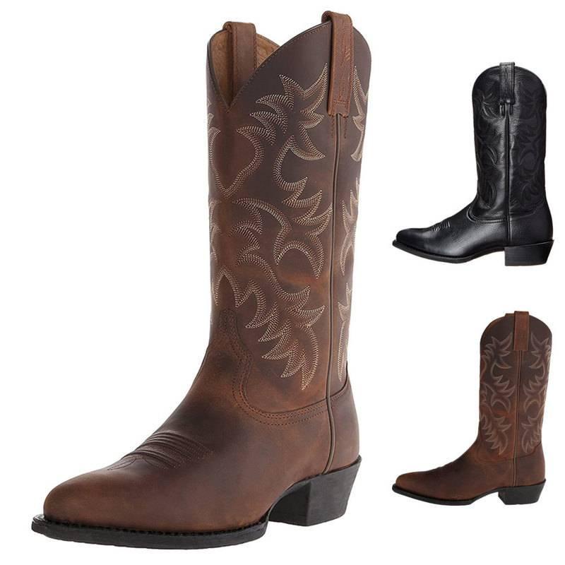 Men's long tube high top embroidered national style high heel leather boots 48 47 large men's Wooden root middle tube boots European and American style western cowboy boots no shoelace cover feet lazy waterproof Knight Motorcycle Boots