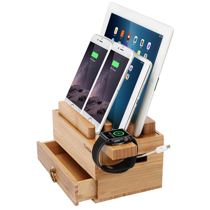 Icozzier Mini Bamboo Stand With Drawer Charging Station Cord