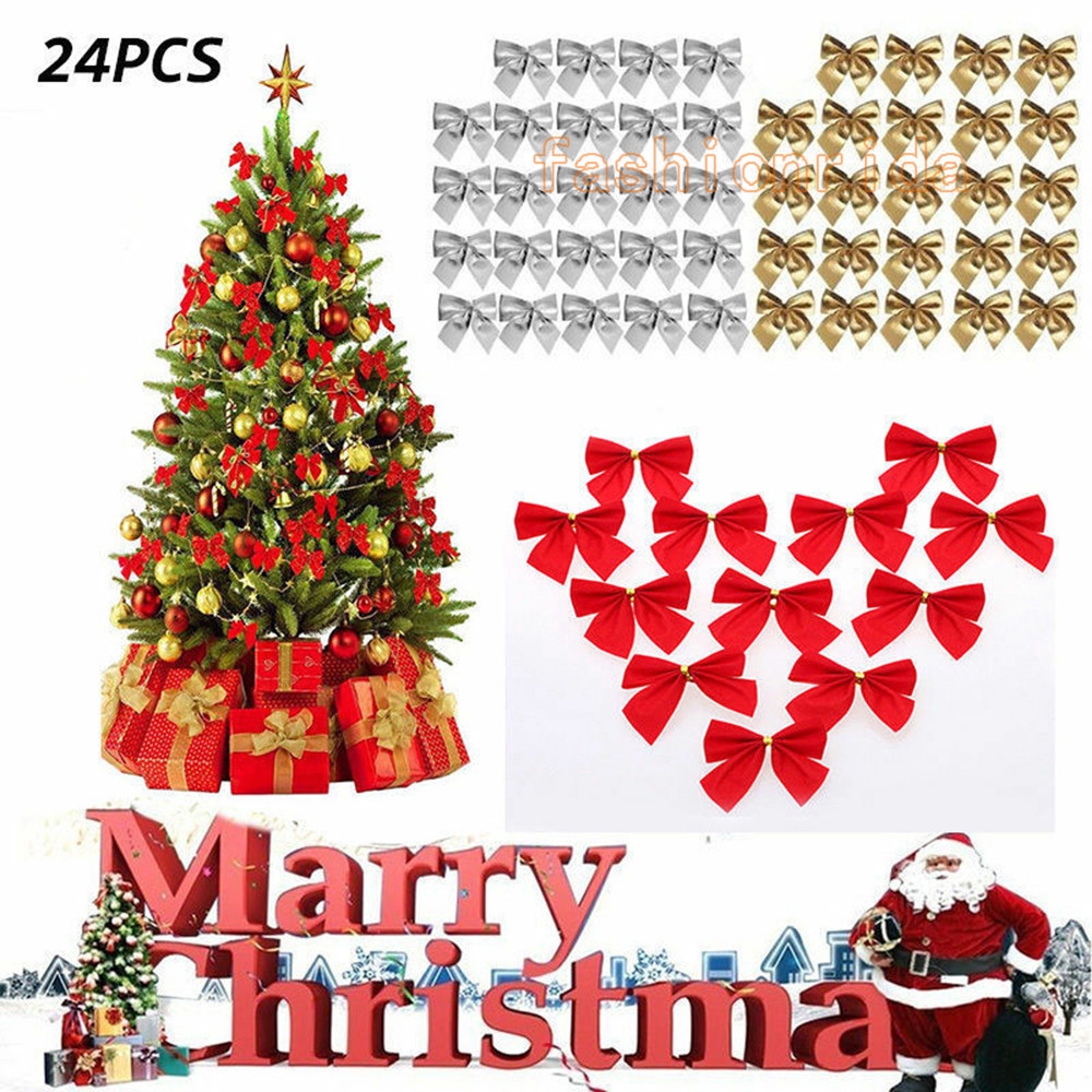 24pcs Christmas Tree Bow Decoration Baubles Xmas Party Bows Red Silver Gold Zy