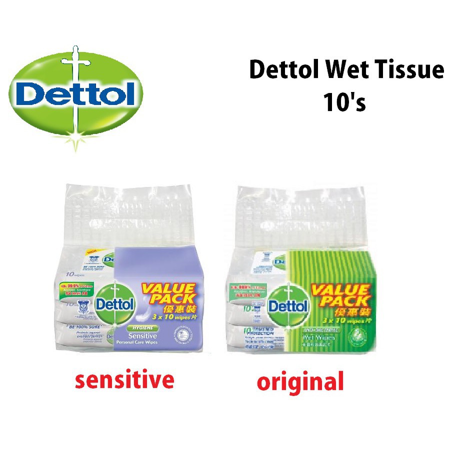 Dettol Personal Care Wet Wipes Sensitive/ Anti Bac 10s x 3 Value Pack
