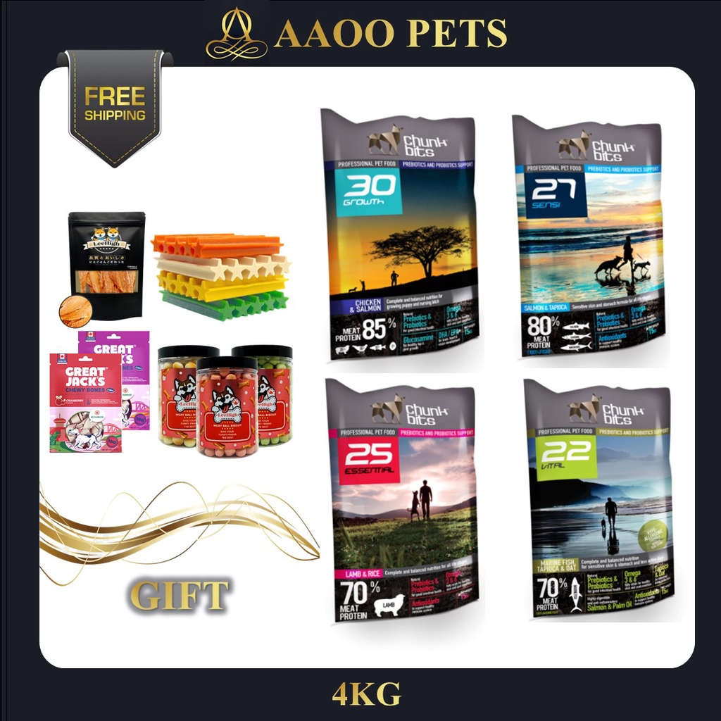 Choose 1 Free Gift Chunk Bits Dog Food 4kg 22marine Fish 25lamb 27sensitive Salmon 30growth Pet Food