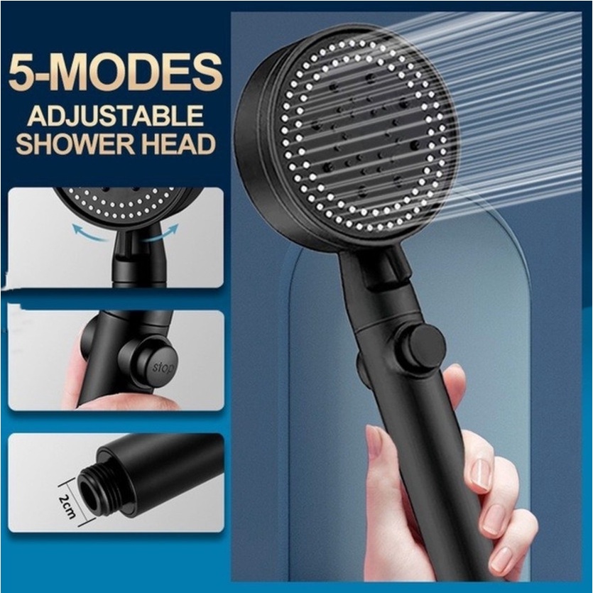 Shower Head Water Saving Black 5 Mode Adjustable High Pressure Shower One-key Stop Water Eco Shower Bathroom Accessories