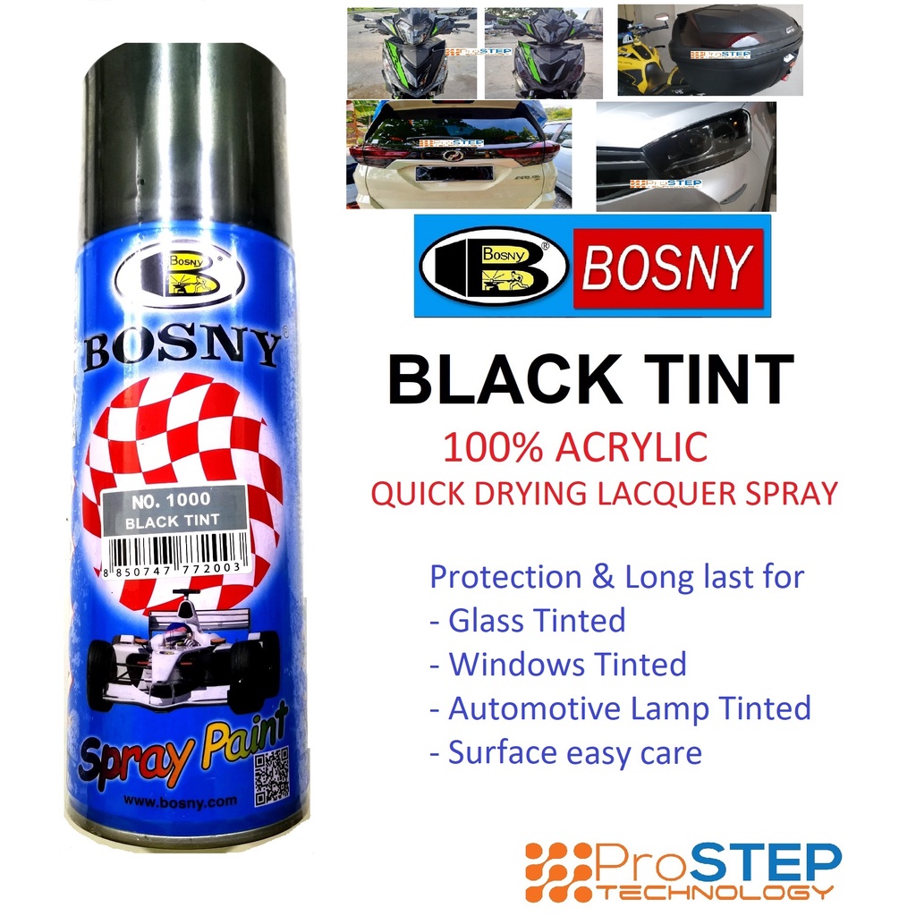 [No ship to Sabah/Sarawak] BOSNY BLACK TINT 400ML 100% ACRYLIC QUICK DRYING LACQUER SPRAY PAINT FOR VEHICLE LAMP