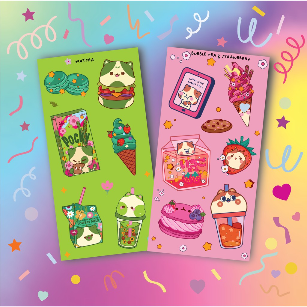 cute-cat-sticker-japanese-snack-bubble-tea-pocky-cake-korean-aesthetic
