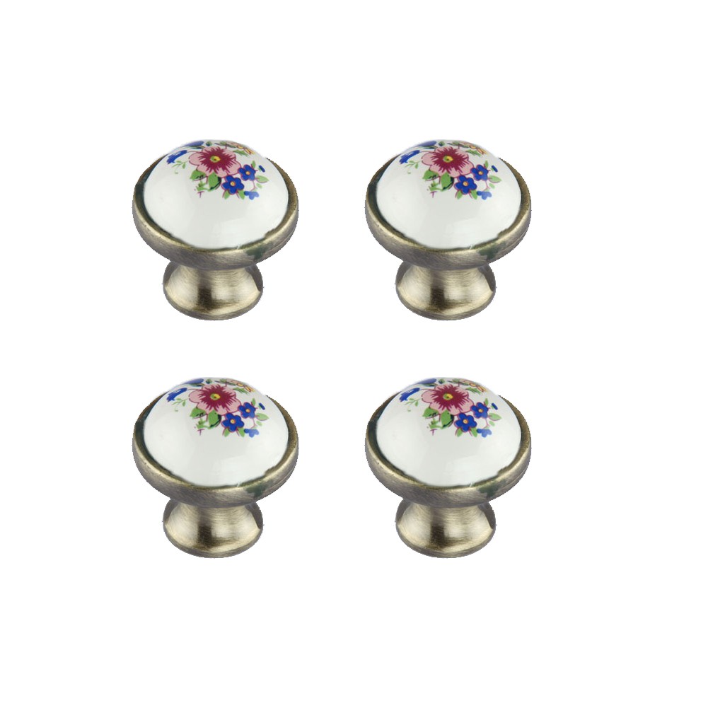 Set Of 4 Antique Ceramic Antique Cabinet Drawer Pulls w/ Blue Flower