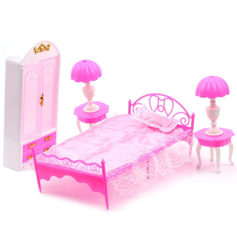 4pcs Bedroom Furniture Set Bed Table Lamp Wardrobe Plastic House