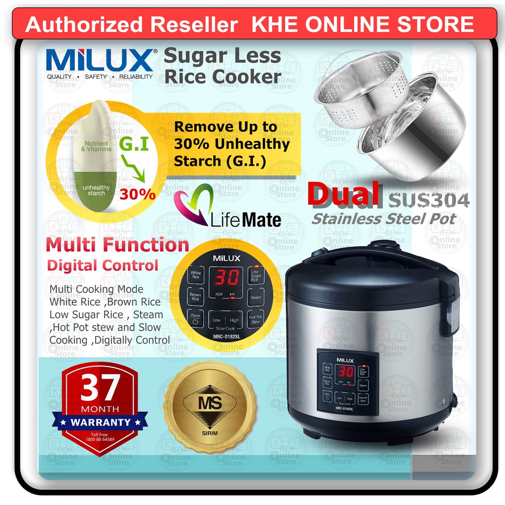 Milux Healthy Sugarless 1.8L Stainless Steel Inner Pot Digital Jar Rice Cooker Periuk Nasi turun kanji 低糖饭锅MRC-D182SL