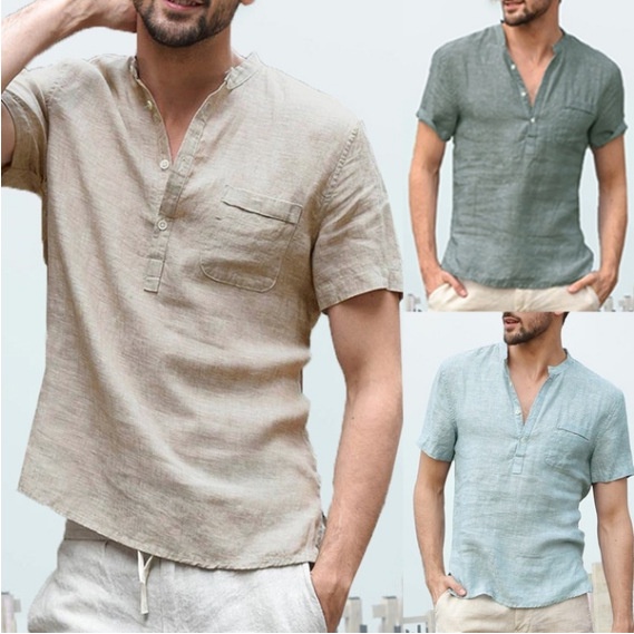 New cotton and linen short-sleeved men's T-shirt stand-up collar buttoned half-open simple short-sleeved shirt