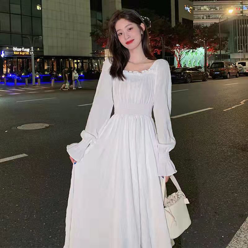 New French Waist Slimming White Dress Women s Long Sleeve Dress For 