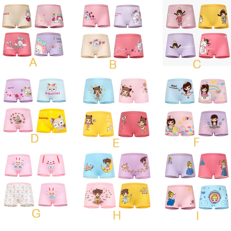 4 PCS READY STOCK Kids Panties Girl’s Boxer Cartoon Designs Solid Cotton Brief Baju Raya