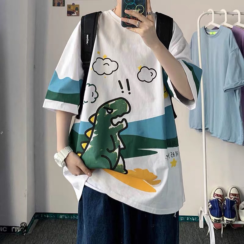 10 Color【M-3XL】Fashion Short Sleeve T-shirt Men Printed Dinosaur Pattern Student Couple Short T-shirt Unisex T-shirt Summer New Style Oversize Couple Wear