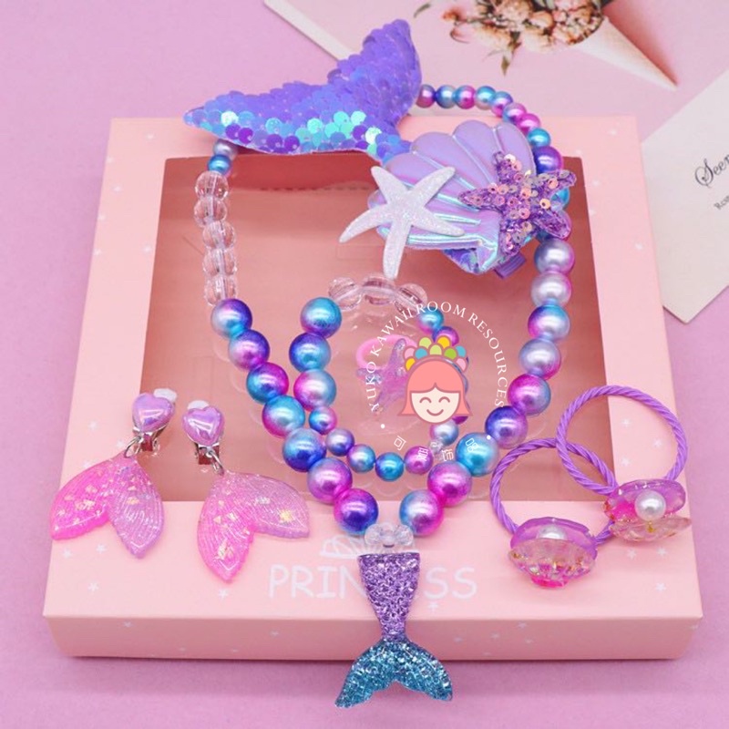 Ready Stok 7Pcs/Set Mermaid Necklace & Hair Accessories Birthday Gift Set.