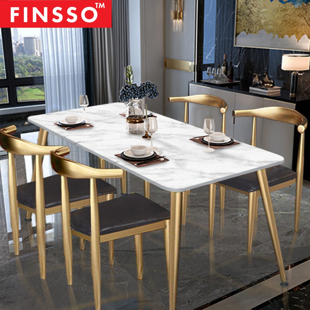 FINSSO:Eames Wooden Table with Marble Texture Table Top Gold Metal Frame Dining Set / 1 Table + 4 Chairs