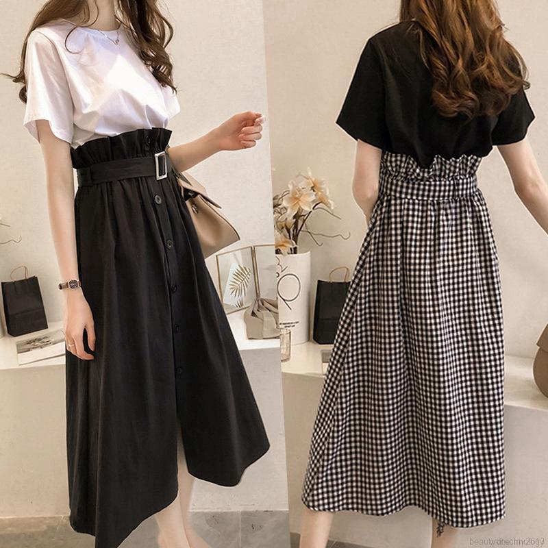 Summer Women Solid Color T Shirt With High Waist Skirt Set | Shopee ...