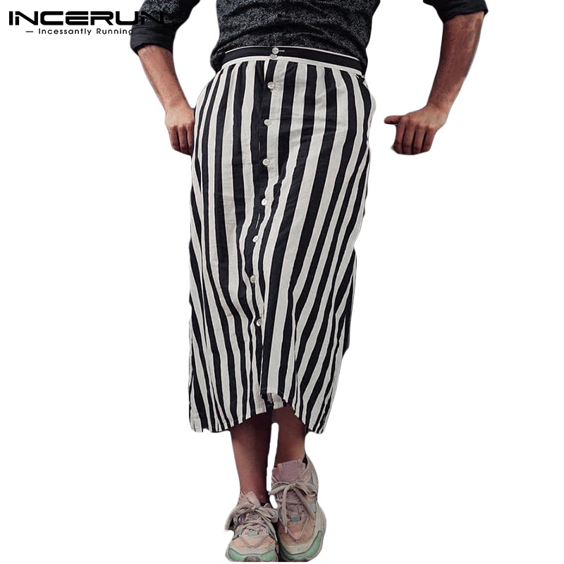 INCERUN Men Fashion Casual Striped Button Up High Waist Loose Long Skirts