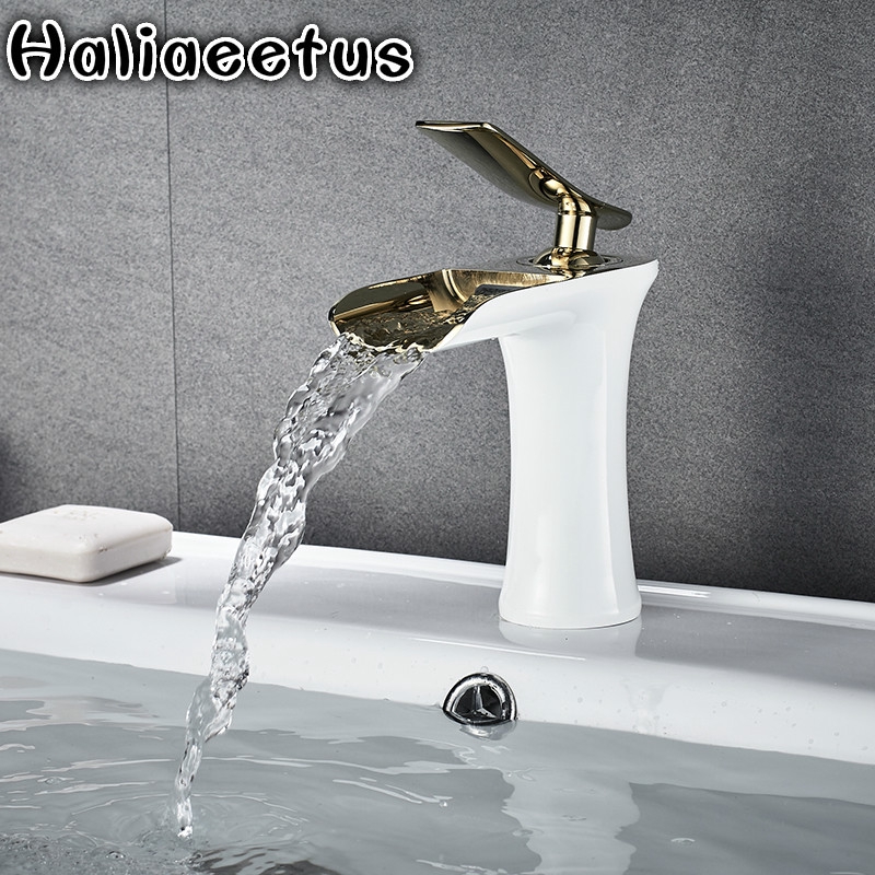 White Paint Gold Basin Faucets Waterfall Bathroom Faucet Single