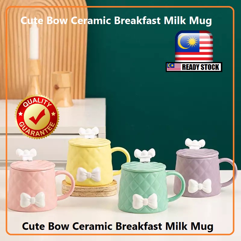 Local Stock Cute Bow Ceramic Breakfast CP Mug Candy Color Milk Coffee Tea Cup Cawan Kitchen Holder Jualan Murah