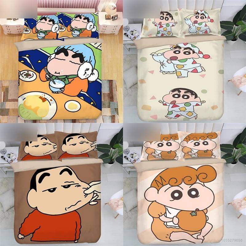 Csp Crayon Shin-chan Anime 3in1 Bedding Set Bed Sheet Quilt Cover Pillowcase Bedroom Comfortable Washable Home Suit a