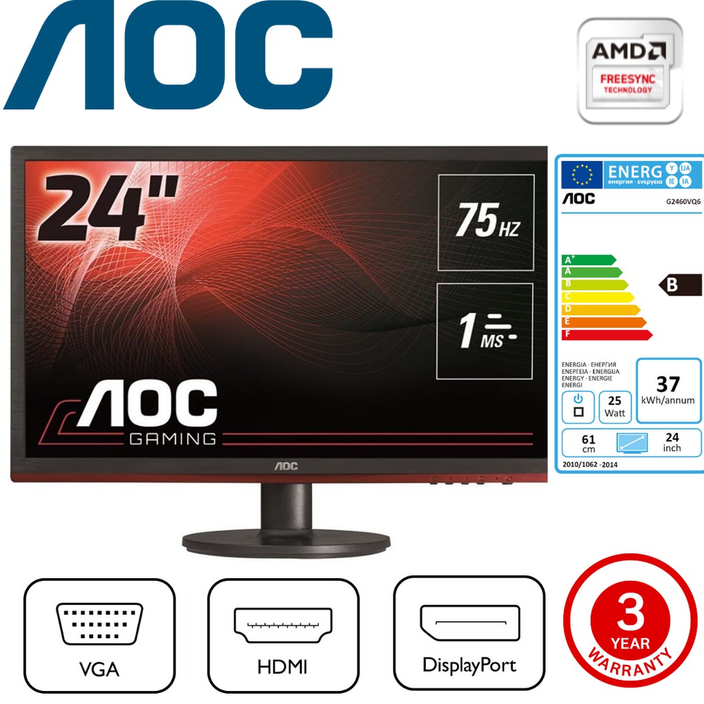 Aoc G2460vq6 Gaming Monitor Vga Hdmi Dp 24 1ms 75hz Shopee Malaysia