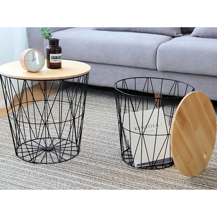 White Black Metal Wire Basket Wooden Top Side Table Storage Loft Home Shopee Malaysia