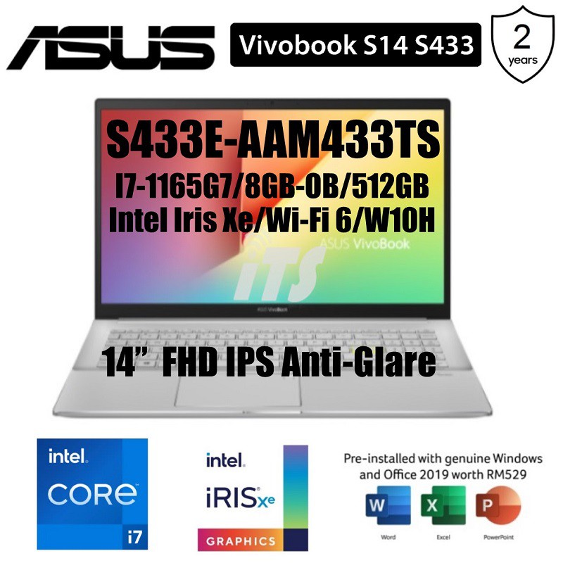 Asus Vivobook S14 S433e Aam433ts I7 1165g78gb512gbirix Xe14 Fhdwi Fi 6bt50w10h