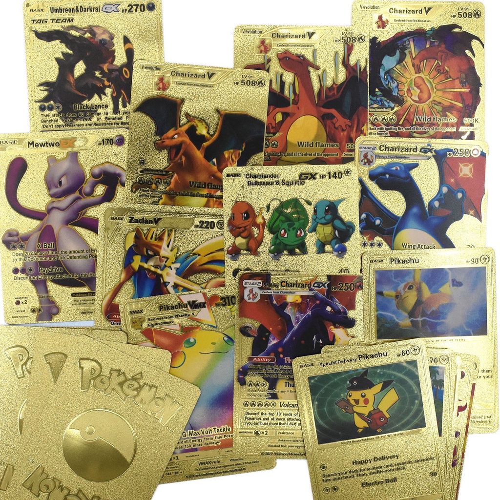 Quality Essential 55pc English / Spanish Cartas Pokemon Metal Gold Card Box Golden Letters Playing Cards Metalicas Ch... - Image 2