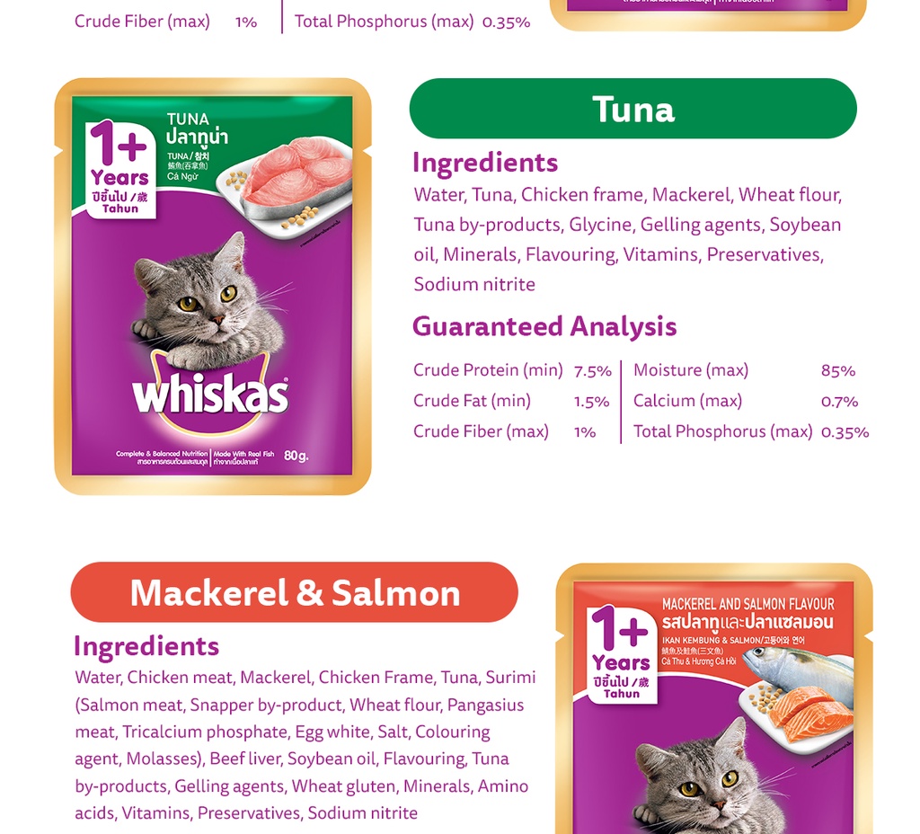 WHISKAS Wet Food Pouch for Cats Mackerel, Ocean Fish, and Mackerel