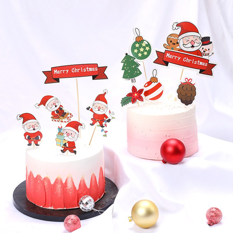 5pcs Merry Christmas Cake Topper Flags Santa Claus Pine Trees Cake Topper Party Diy Cake Decor Shopee Malaysia