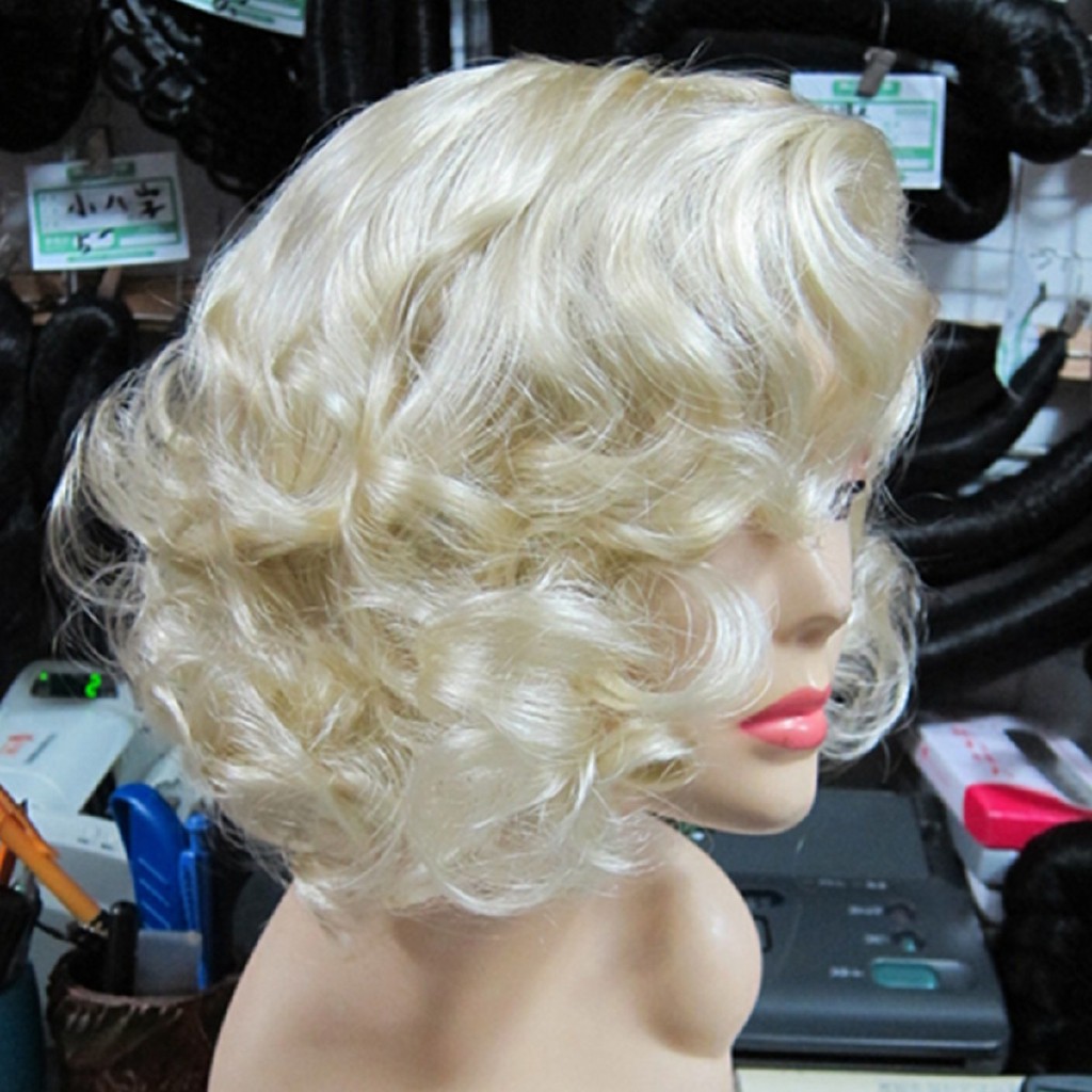 Women Light Blonde Wavy Curly Short Hair Cosplay Marilyn