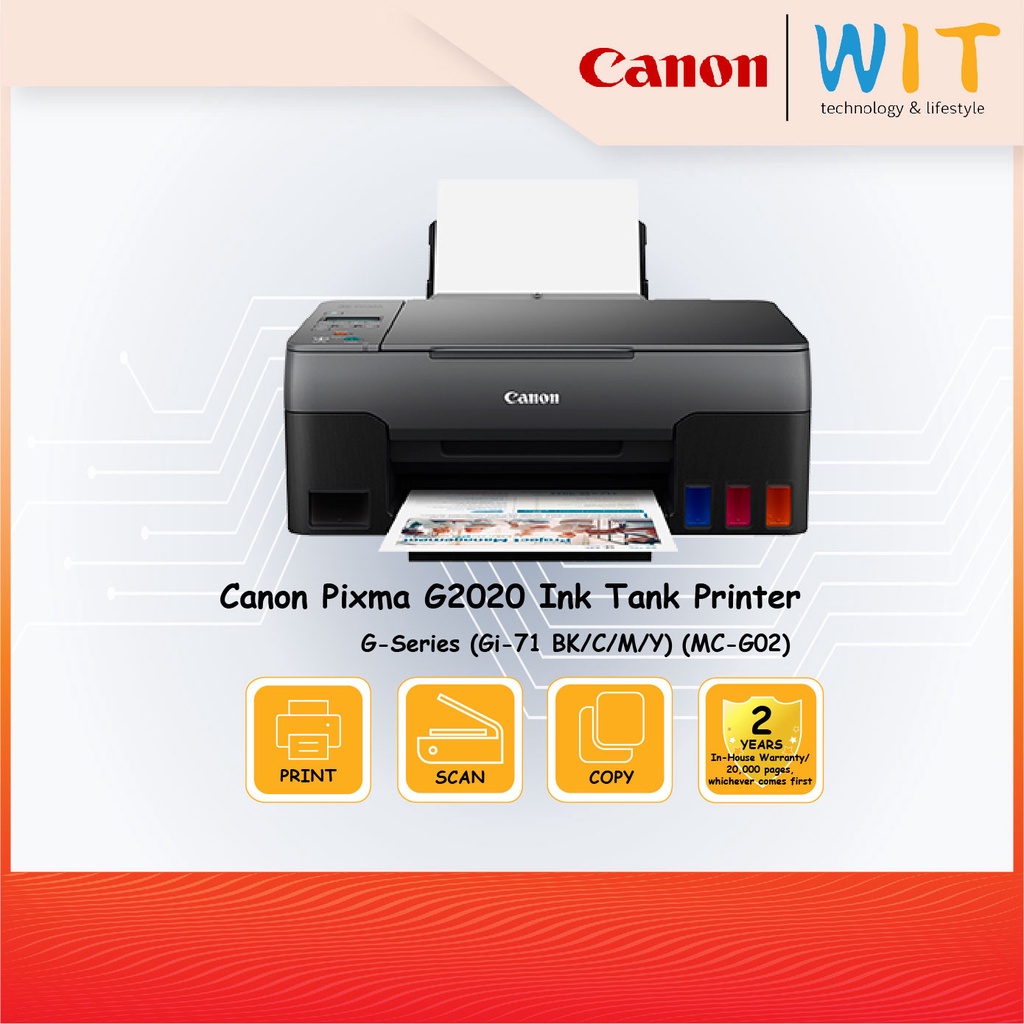 Canon Ink Tank Printer Pixma G2020 (Print,Scan,Copy) G-Series (Gi-71 BK/C/M/Y) (MC-G02)