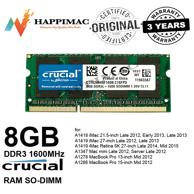 New Original 8gb Ddr3 1600mhz Pc3 Crucial Ram So Dimm Shopee Malaysia