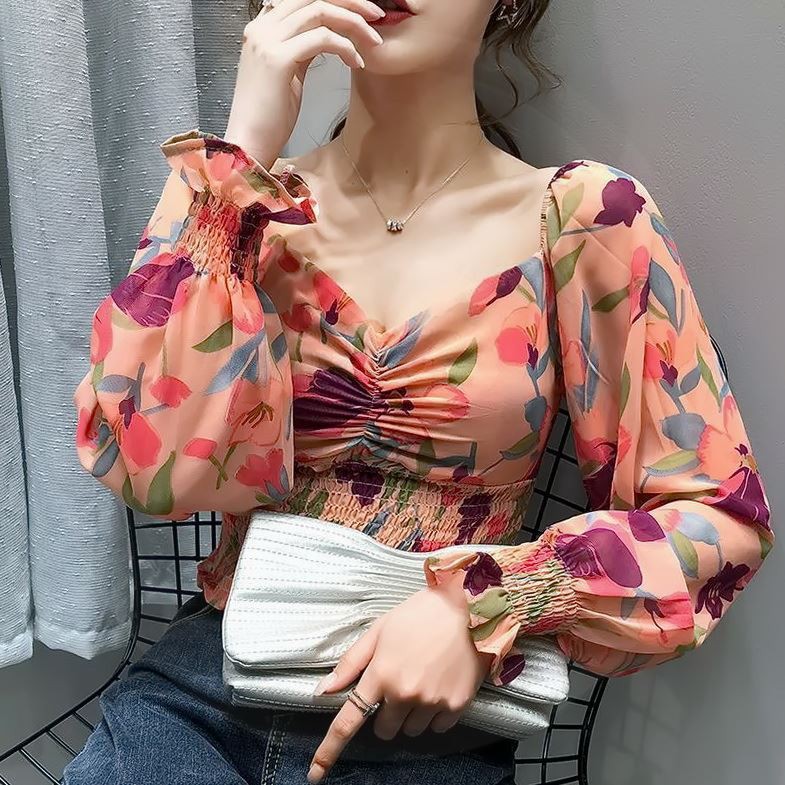 Ready Stock Korean Top Women Blouse Floral Print Square Collar Sweet ...