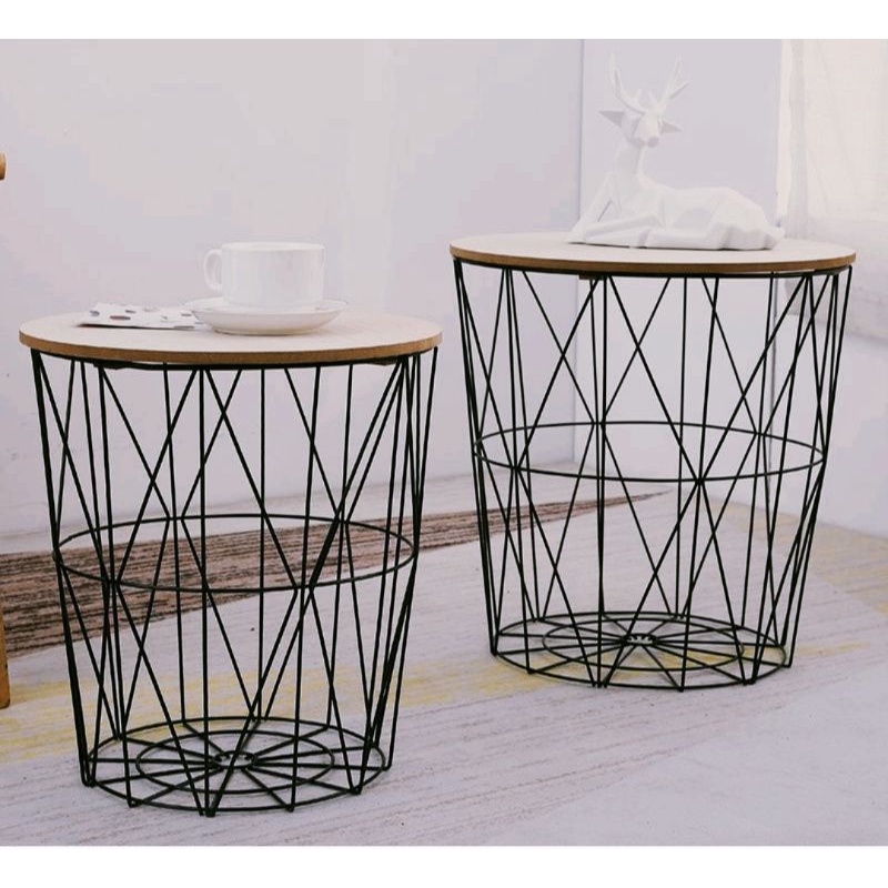 (Ready Stock) MIM Modern Metal Wire Basket Table Storage Round Wood Top
