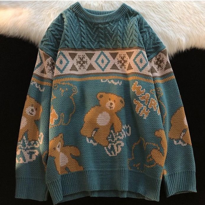 Knitwear Sweater Men Clothes Lazy Style Thickened Autumn Winter ins Retro Bear Loose Casual Round Neck Jacket