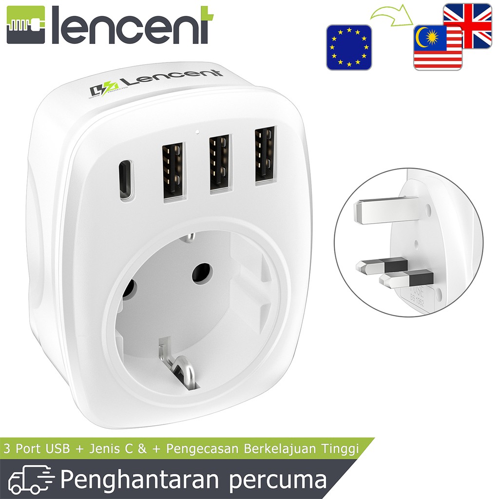 LENCENT Europe Plug to UK Plug Adapter England Travel Adapter [3 USB Ports + 1 Type C] Spanish 2