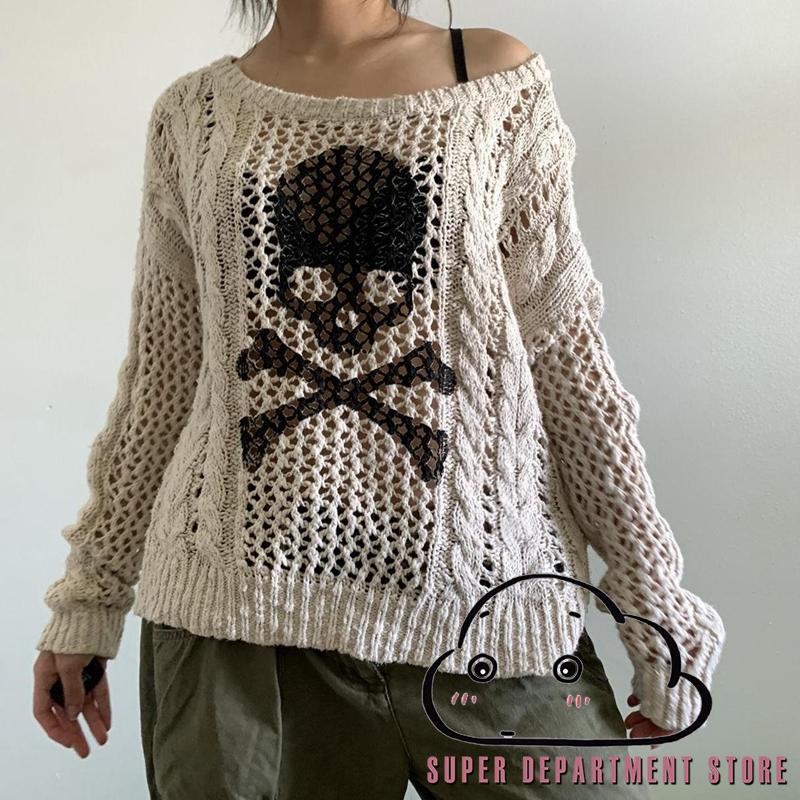 SUPER-Women Sweater y2k Aesthetic Gothic Hollow Out Long Sleeve Tops Punk Style Crochet Pullover Knitwear