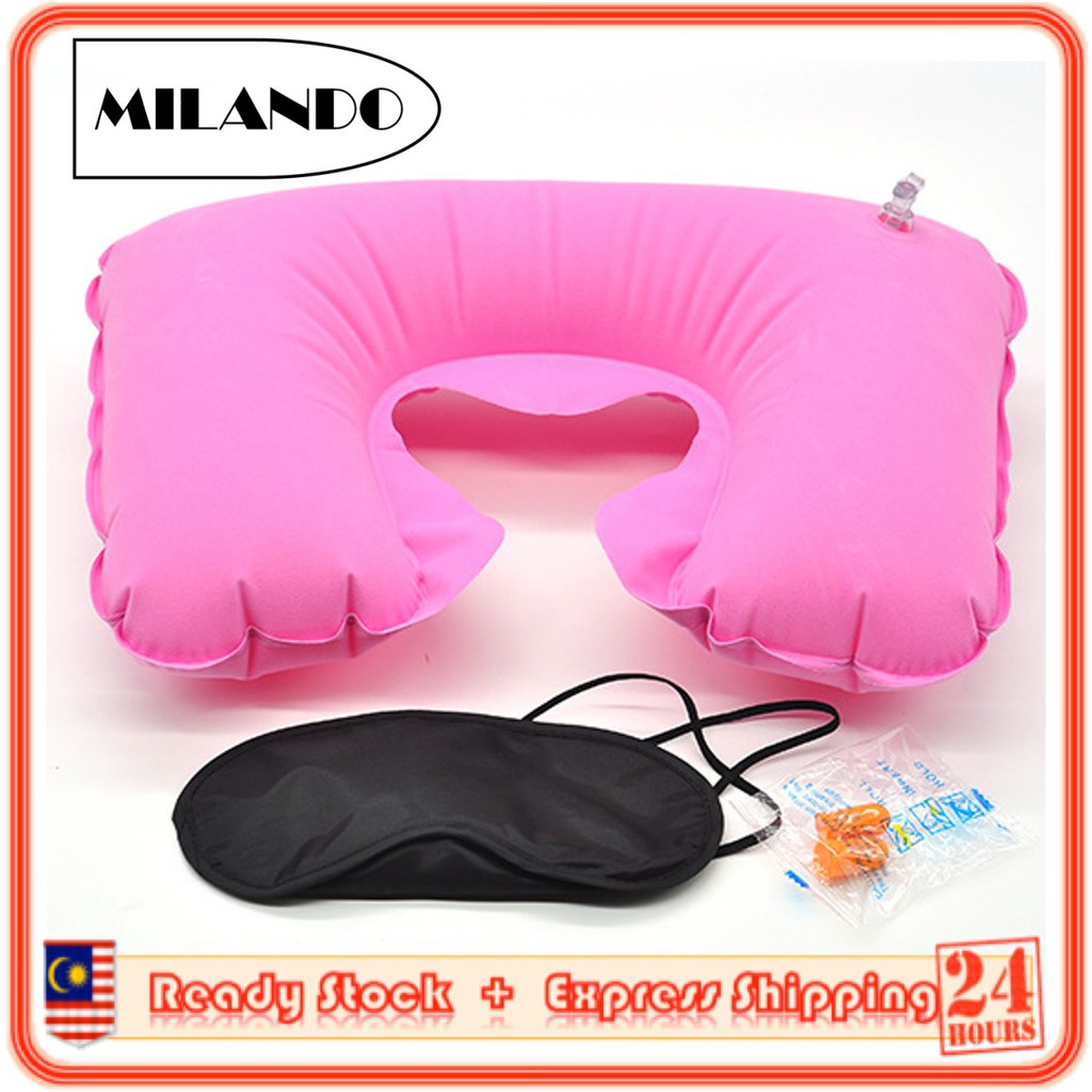 (3-Piece Set) MILANDO Inflatable Travel Airplane Pillow U shaped Neck Pillow FREE Sleep Mask Ear plug (Type 6)