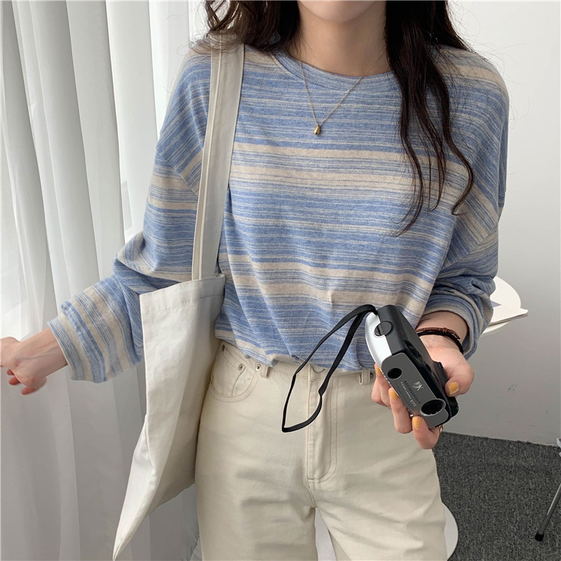 Women's Fashion Clothing Super Soft Comfortable Cute Teen Blouse Shirts Korean Long Sleeve Striped Gentle Colors Loose-fitting T-shirts