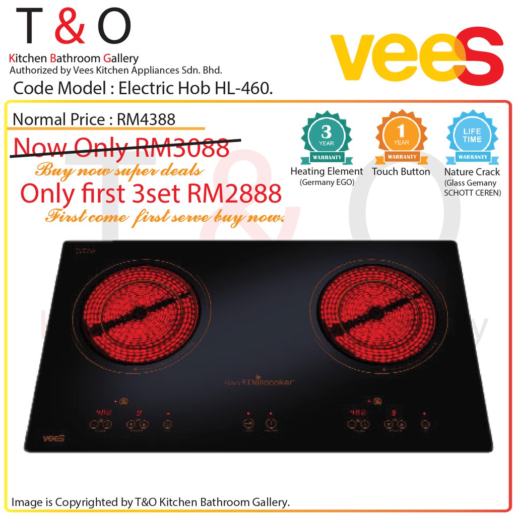Vees Delicooker HL-460 Ceramic Double Burner Electric Hob 4600W with Germany SCHOTT CERAN (Save Energy)