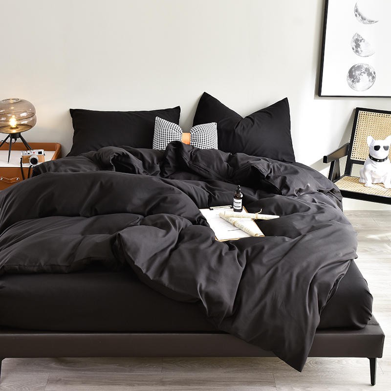 4 IN 1 Black Color Bed Sheet Set Plain Dyed Bedding Set Single/Queen