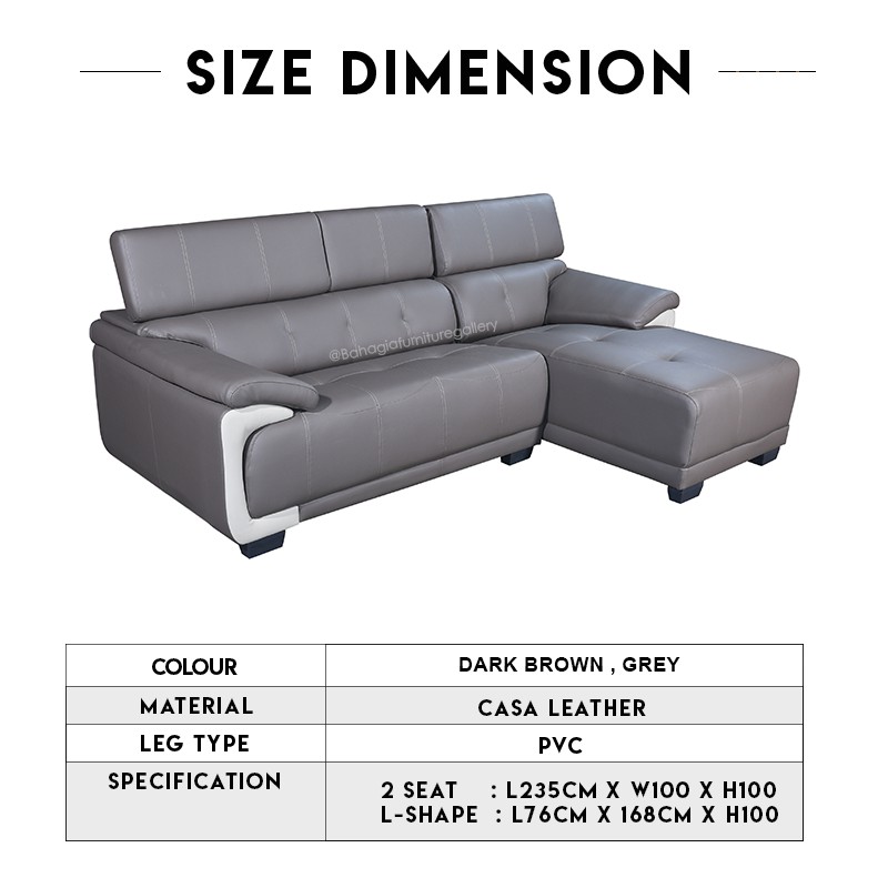 Bahagia Casa Leather Scott L Shape Sofa Grey Dark Brown Colour