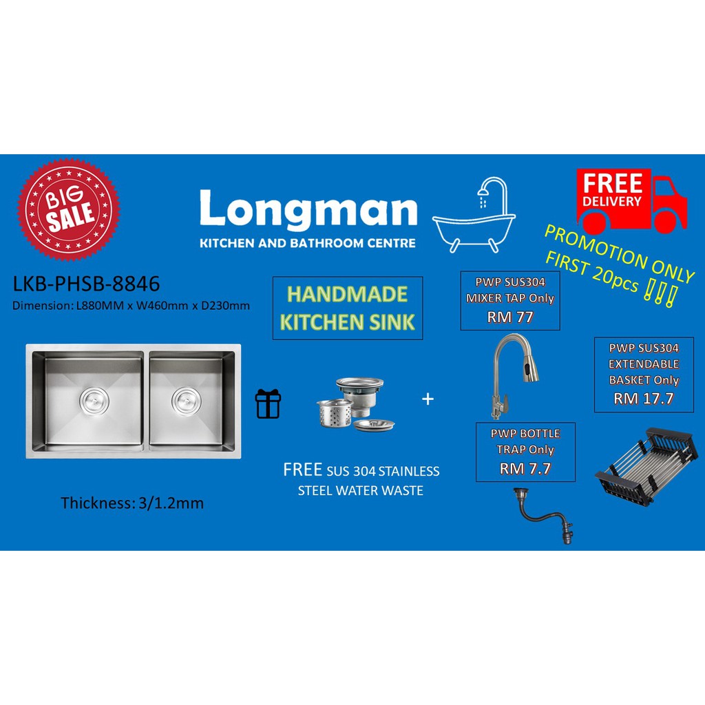 LONGMAN SUS304 Stainless Steel Handmade Kitchen Sink Top/UnderMount