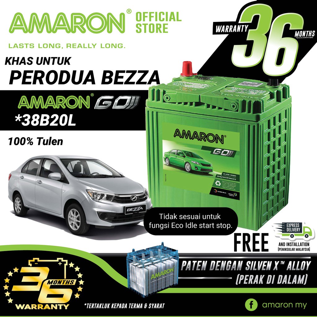 AMARON GO series 38B20L (NS40ZL) bateri tahan lama untuk PERODUA BEZZA