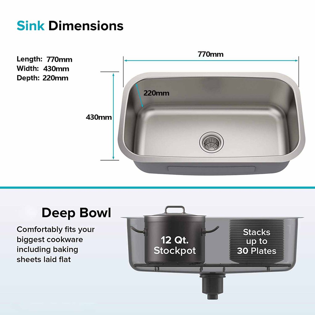 Kitchen Undermount Sink Single Bowl Extra Deep Basin 228mm With Fast Drain Opening Shopee Malaysia