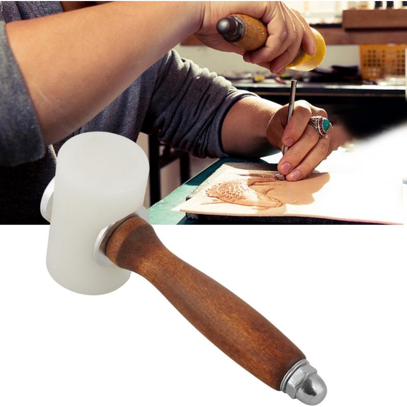 MKR Leather DIY Tools Leather Art Making Wooden Handle Nylon Hammer Pound Leather Sculpture Hammer T-Type Printing Tool